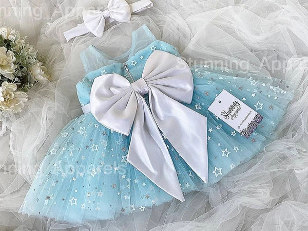 Stylish White Satin Bow Partywear Sky Blue Dress - 0-3 Months