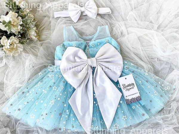 Stylish White Satin Bow Partywear Sky Blue Dress - 3-6 Month