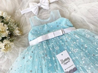 Stylish White Satin Bow Partywear Sky Blue Dress - 6-9 Month