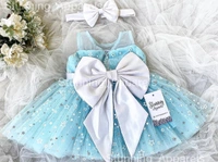 Stylish White Satin Bow Partywear Sky Blue Dress - 6-9 Month