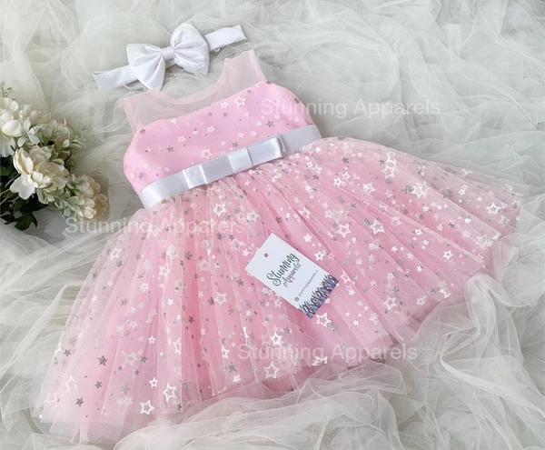 Stylish White Satin Bow Partywear  Baby Pink Dress - 6-9 Month