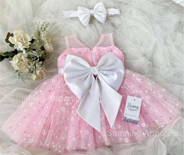 Stylish White Satin Bow Partywear  Baby Pink Dress - 9-12 Month