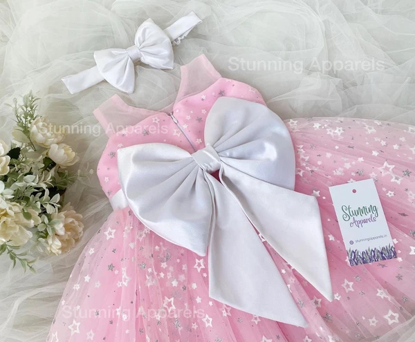 Stylish White Satin Bow Partywear  Baby Pink Dress - 9-12 Month