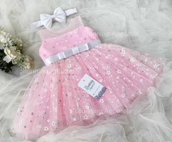 Stylish White Satin Bow Partywear  Baby Pink Dress - 0-3 Months