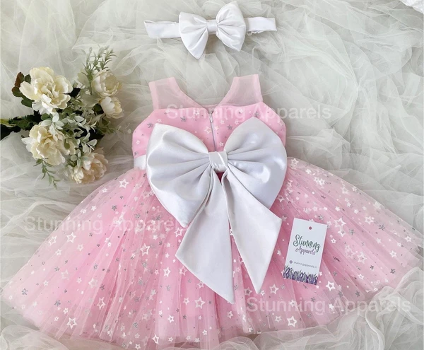 Stylish White Satin Bow Partywear  Baby Pink Dress - 0-3 Months