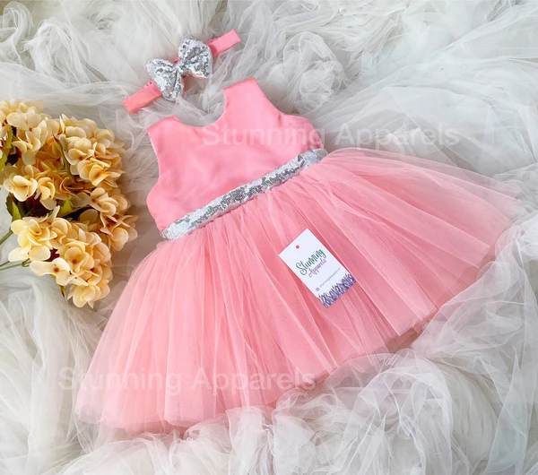 Sliver Sequins Belted Bow Partywear Peach Dress