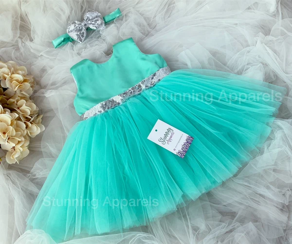 Silver Sequins Belted Bow Partywear See Green Dress - 6-9 Month