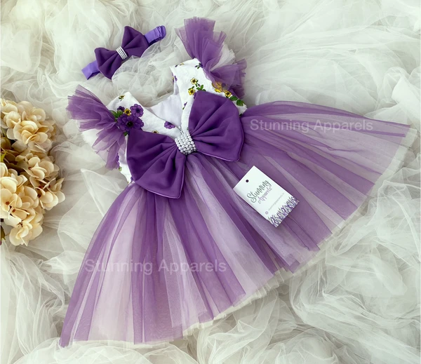 Flower Printed Partywear Dark Lavender Dress - 3-4 Years