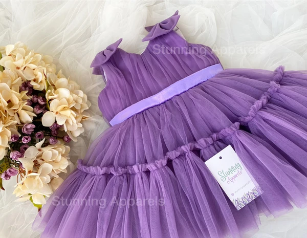 Shoulder Bow Ruffled Partywear Dark Lavender Dress  - 1-2 Years