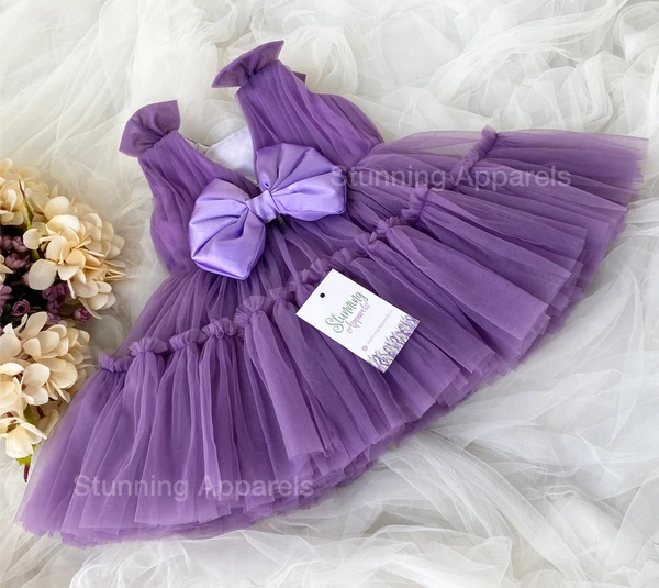 Shoulder Bow Ruffled Partywear Dark Lavender Dress  - 3-6month