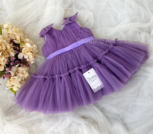 Shoulder Bow Ruffled Partywear Dark Lavender Dress  - 1-2 Years