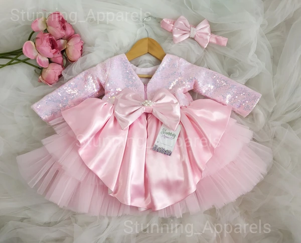Designer Long Sleevss Sequins  Partywear  Baby Pink Dress  - 9-12 Month