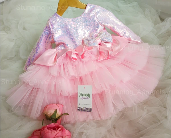 Designer Long Sleevss Sequins  Partywear  Baby Pink Dress  - 9-12 Month