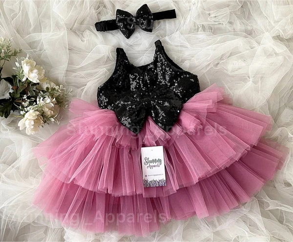 Stylish Black Sequins Bow Partywear  Dusty Pink Dress  - 0-3 Months