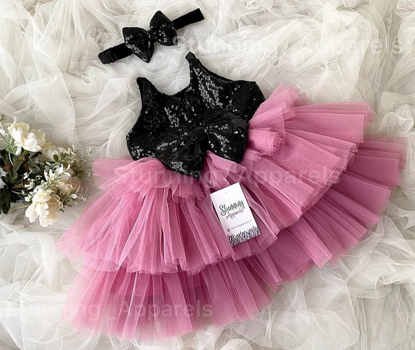 Stylish Black Sequins Bow Partywear  Dusty Pink Dress  - 0-3 Months
