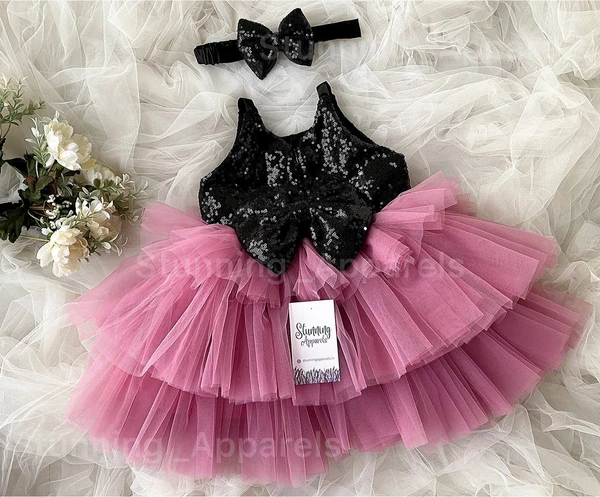 Stylish Black Sequins Bow Partywear  Dusty Pink Dress  - 3-6 Month