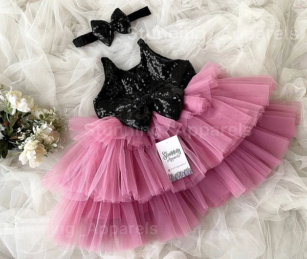 Stylish Black Sequins Bow Partywear  Dusty Pink Dress  - 3-6 Month