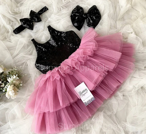 Stylish Black Sequins Bow Partywear  Dusty Pink Dress  - 3-6 Month