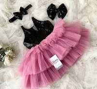 Stylish Black Sequins Bow Partywear  Dusty Pink Dress  - 4-5 Years