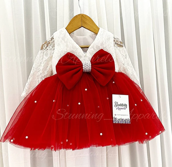 Gorgeous  Pearls Work Bow Partywear Red Dress 