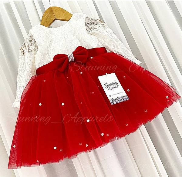 Gorgeous  Pearls Work Bow Partywear Red Dress  - 3-6 Month