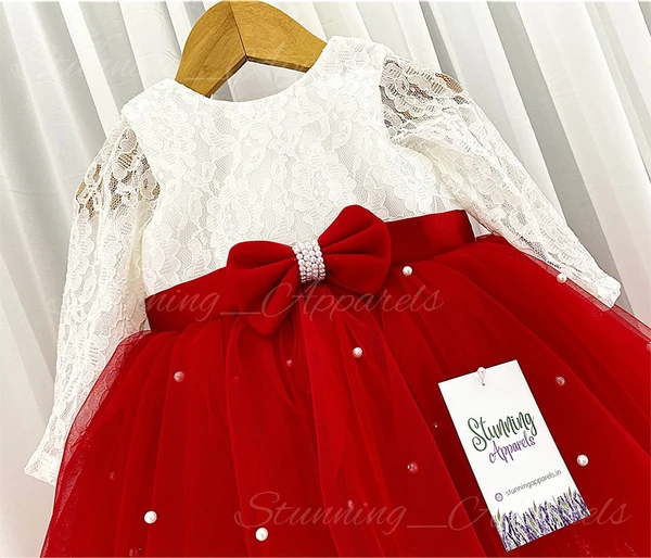 Gorgeous  Pearls Work Bow Partywear Red Dress  - 3-6 Month