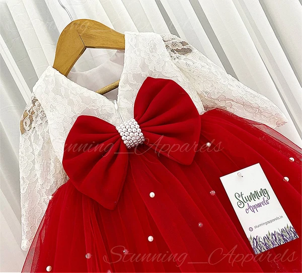 Gorgeous  Pearls Work Bow Partywear Red Dress  - 3-6 Month