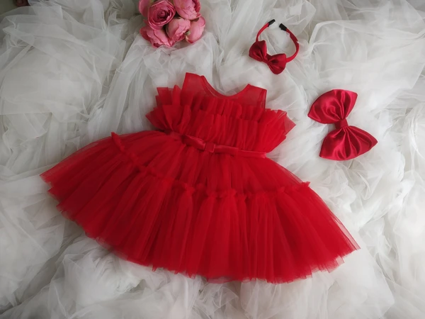 Bekted Bow Ruffked Partywear  Red Dress  - 9-12 Month