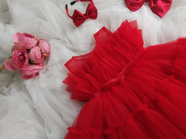 Bekted Bow Ruffked Partywear  Red Dress  - 4-5 Years