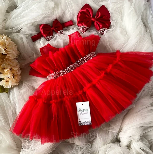 Designer Beads Work Ruffled Partywear Red Dress - 0-3 Months