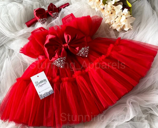 Designer Beads Work Ruffled Partywear Red Dress - 3-6 Month