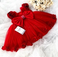 Beautiful Flower Work Cape Sleeves Partywear  Red Dress  - 0-3 Months, Red