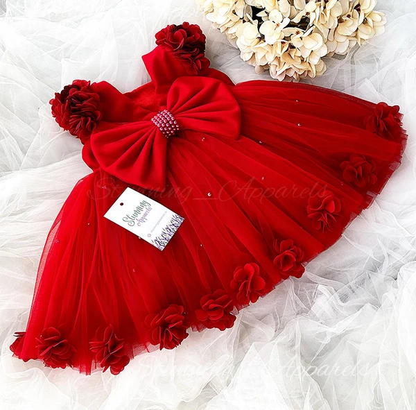 Beautiful Flower Work Cape Sleeves Partywear  Red Dress  - 0-3 Months, Red