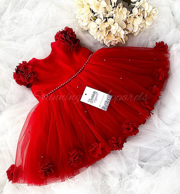 Beautiful Flower Work Cape Sleeves Partywear  Red Dress  - 9-12 Month, Red
