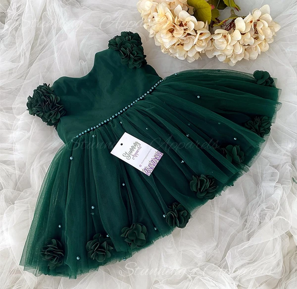 Beautiful Flower Work Cape Sleeves Partywear  Green Dress  - 0-3 Months