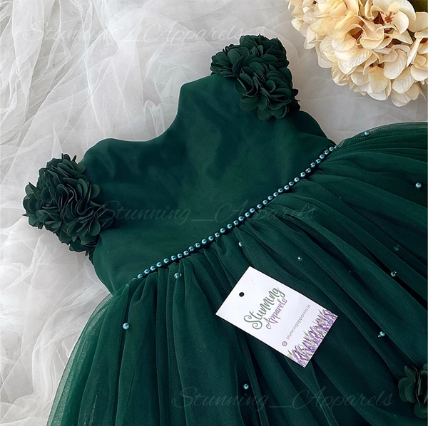 Beautiful Flower Work Cape Sleeves Partywear  Green Dress  - 0-3 Months