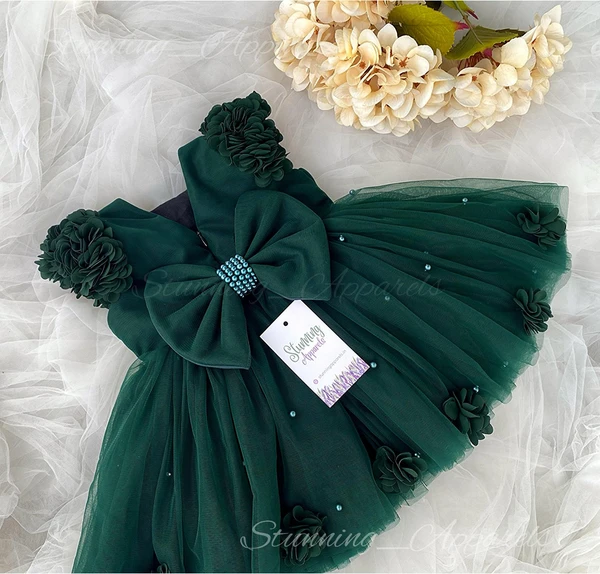 Beautiful Flower Work Cape Sleeves Partywear  Green Dress  - 0-3 Months