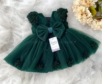 Beautiful Flower Work Cape Sleeves Partywear  Green Dress  - 4-5 Years