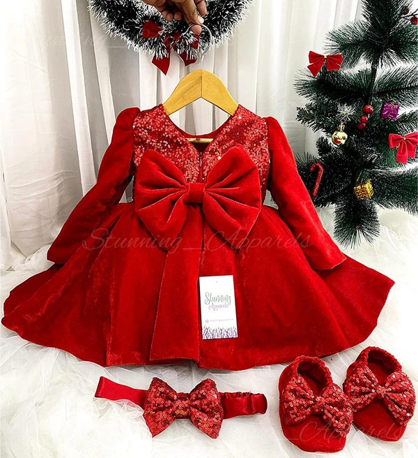 Designer Long Sleeves Red Velevet Christmas  Dress 