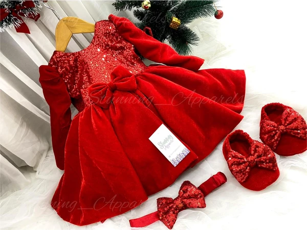 Designer Long Sleeves Red Velevet Christmas  Dress  - 0-3 Months