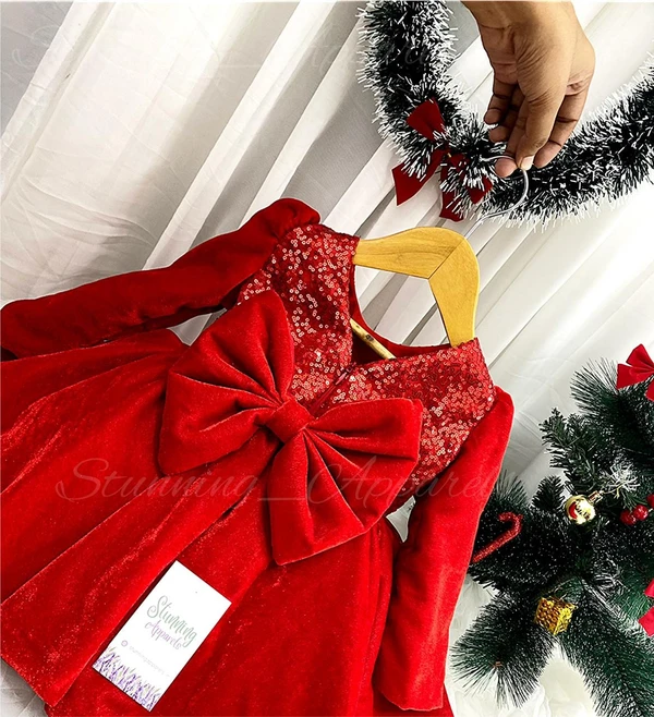 Designer Long Sleeves Red Velevet Christmas  Dress  - 9-12 Month