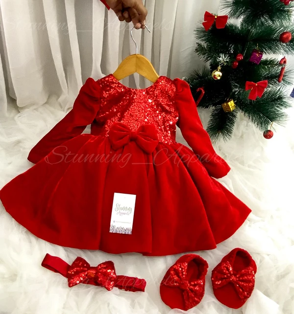 Designer Long Sleeves Red Velevet Christmas  Dress  - 9-12 Month