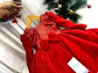Designer Long Sleeves Red Velevet Christmas  Dress  - 1-2 Years