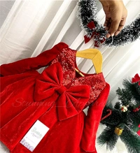 Designer Long Sleeves Red Velevet Christmas  Dress  - 1-2 Years