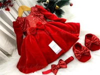 Designer Long Sleeves Red Velevet Christmas  Dress  - 1-2 Years