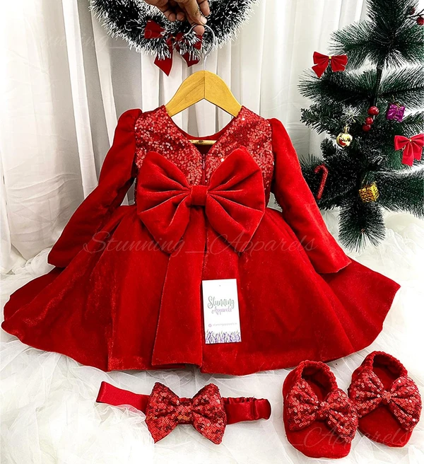 Designer Long Sleeves Red Velevet Christmas  Dress  - 2-3 Years