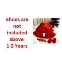Designer Long Sleeves Red Velevet Christmas  Dress  - 0-3 Months