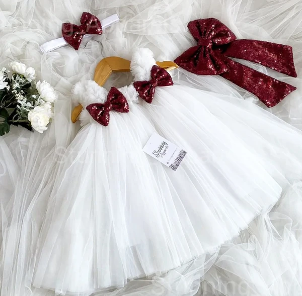 Maroon Sequence  Bow Partywear  White Dress  - 9-12 Month