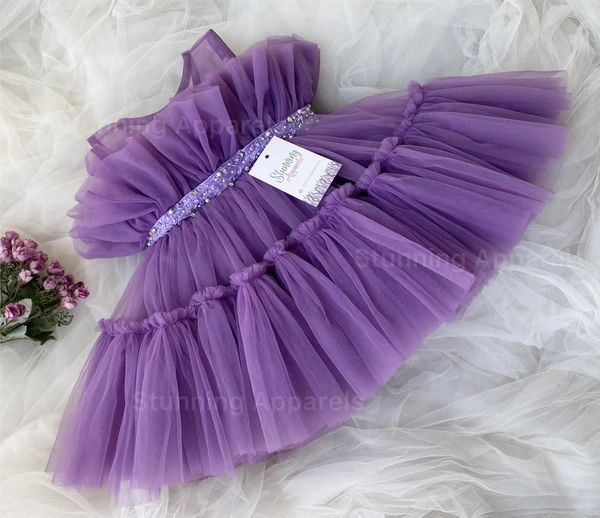 Designer Ruffled Partywear Lavender Frock  - 0-3 Months