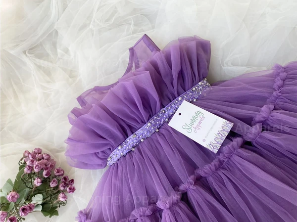 Designer Ruffled Partywear Lavender Frock  - 0-3 Months